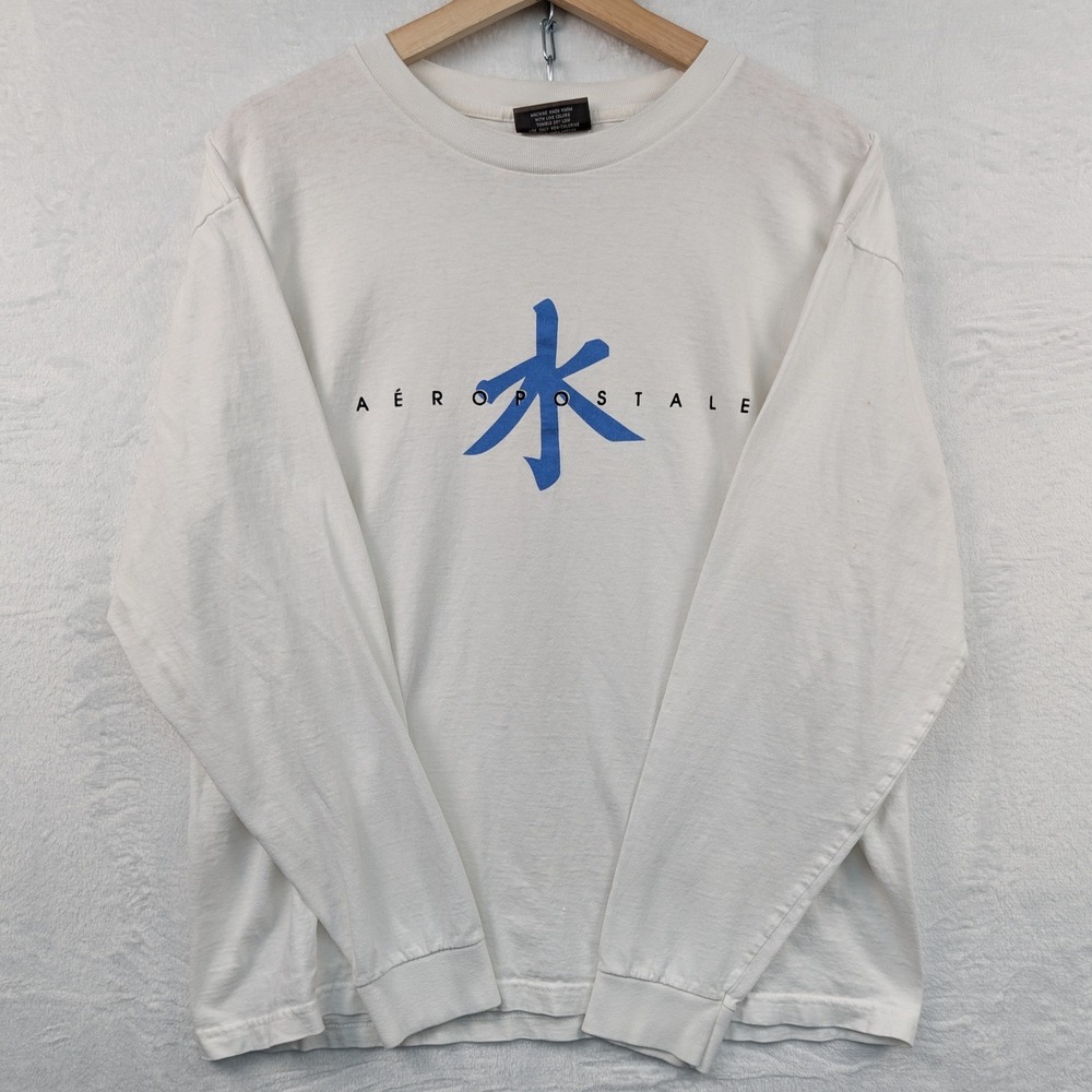 VTG Aeropostale T-Shirt Men's Large White Long Sleeves Blue Kanji Streetwear 90s